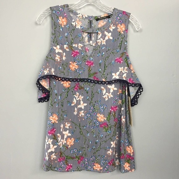 doe & Rae Cold Shoulder Flounce Navy Blue Striped Floral Top Women’s Size S - Picture 1 of 12